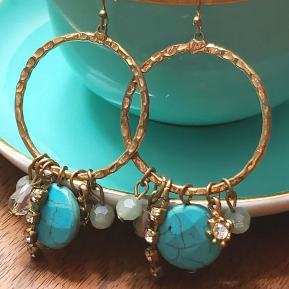 NWOT Turquoise and Gold Dangle Hoops - Picture 3 of 3